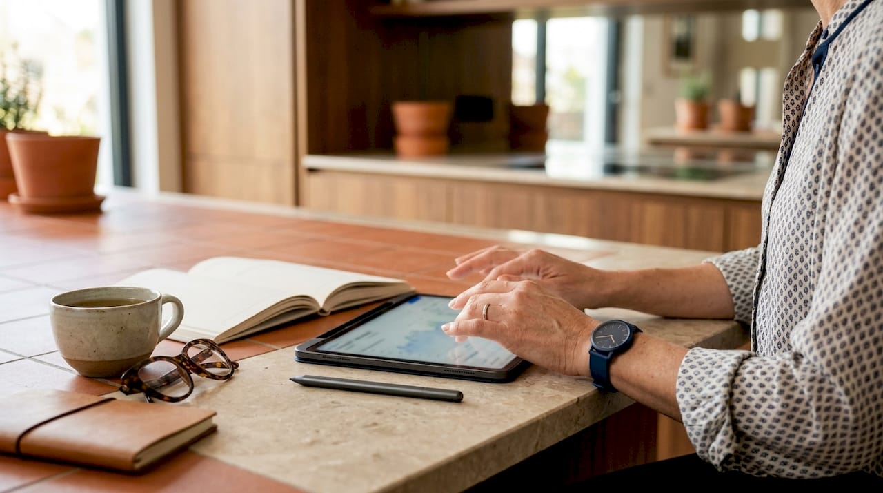 Hands using tablet for digital investing at home