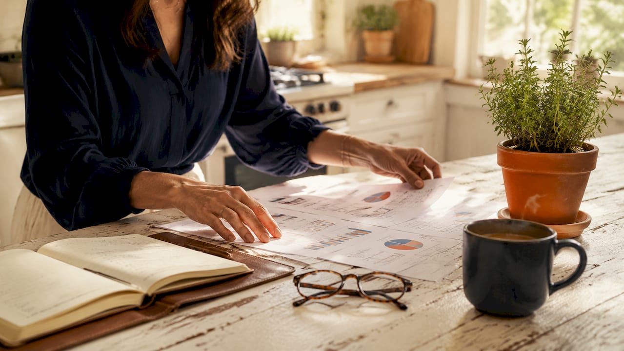 Close-up of woman's hands reviewing financial charts
