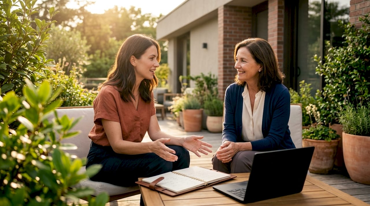 Two women engaged in relaxed financial discussion