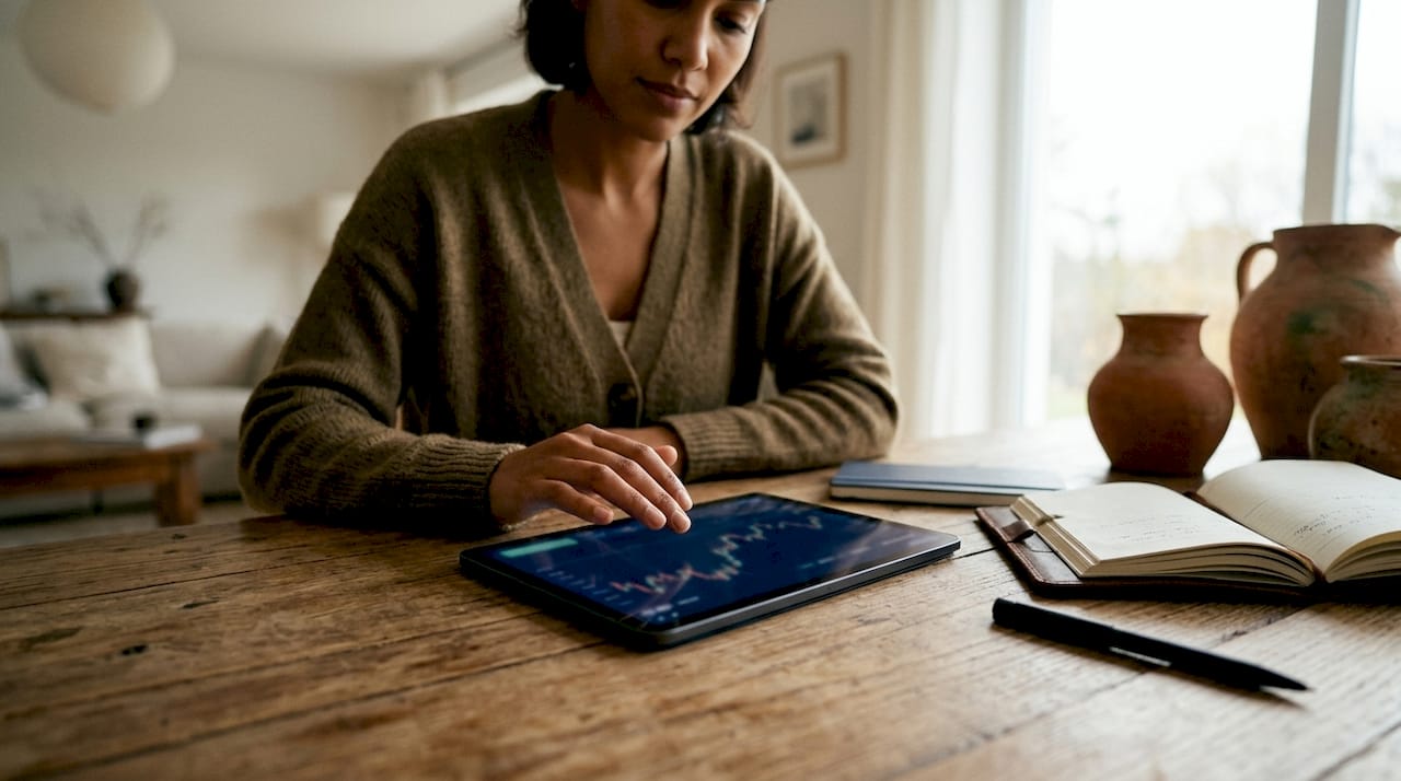 Hands scrolling tablet in home office setting