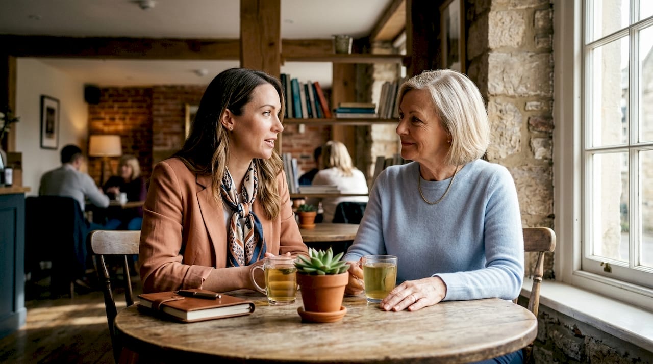 Two women conversing in modern business lounge