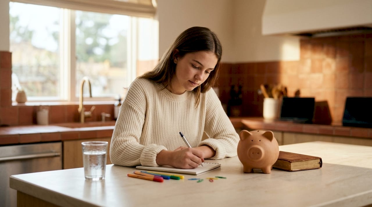 Teenage girl studying investing concepts at desk