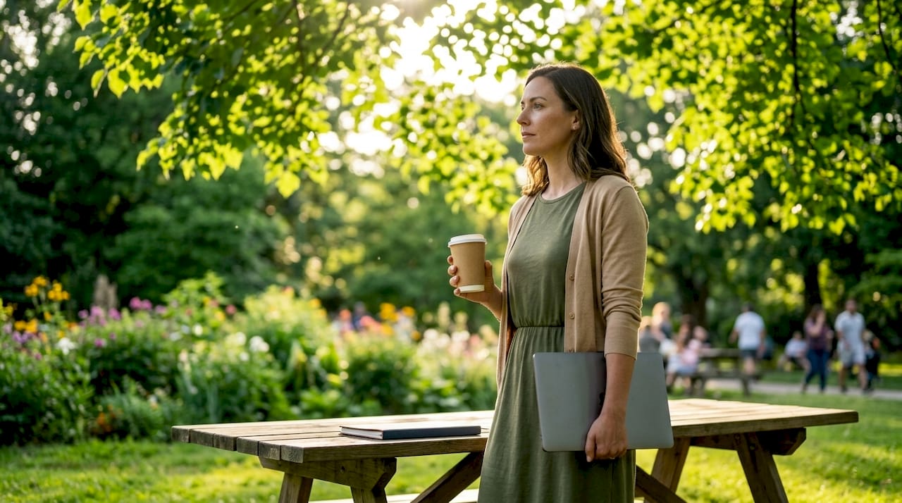 Woman pausing in café holding laptop and coffee