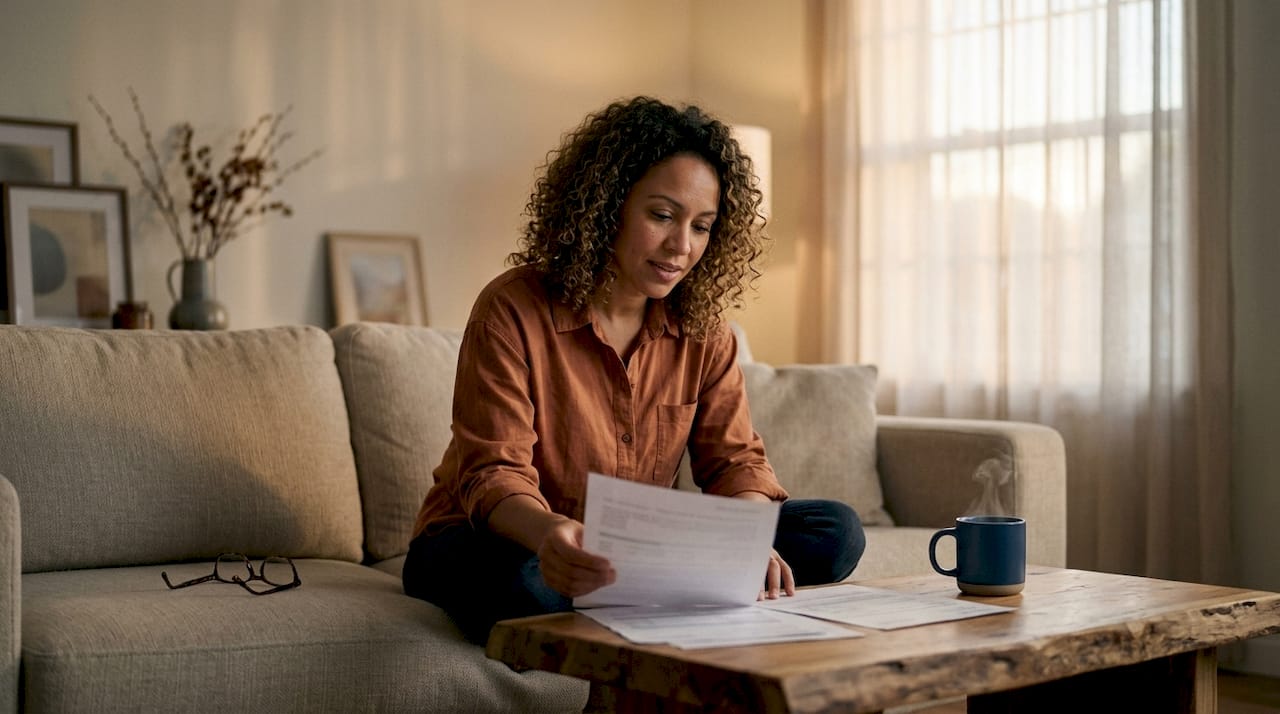 Woman reviewing finances during couple's check-in at home