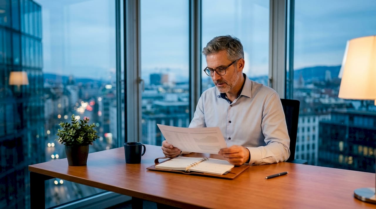 Financial analyst reviewing Swiss investment data