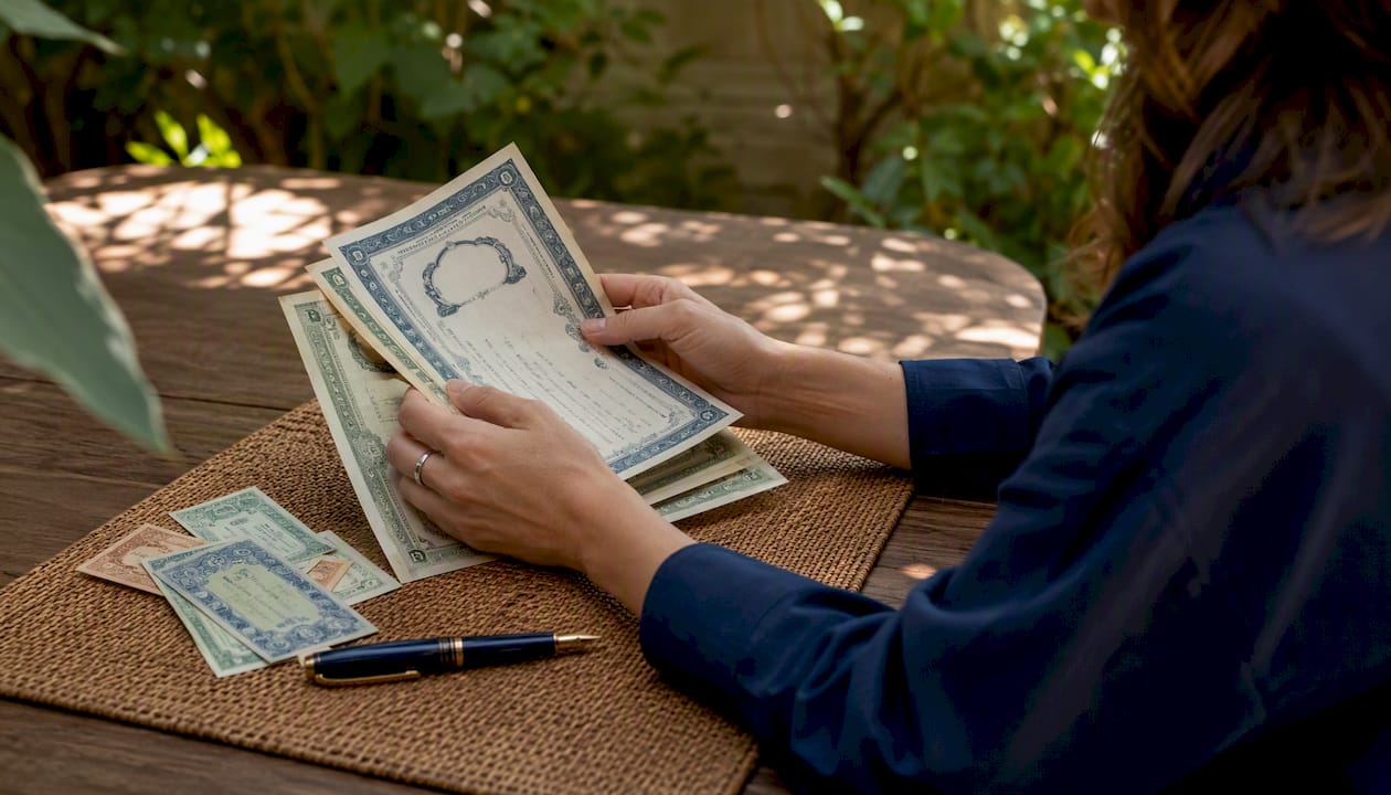 Close-up of hands holding share certificates