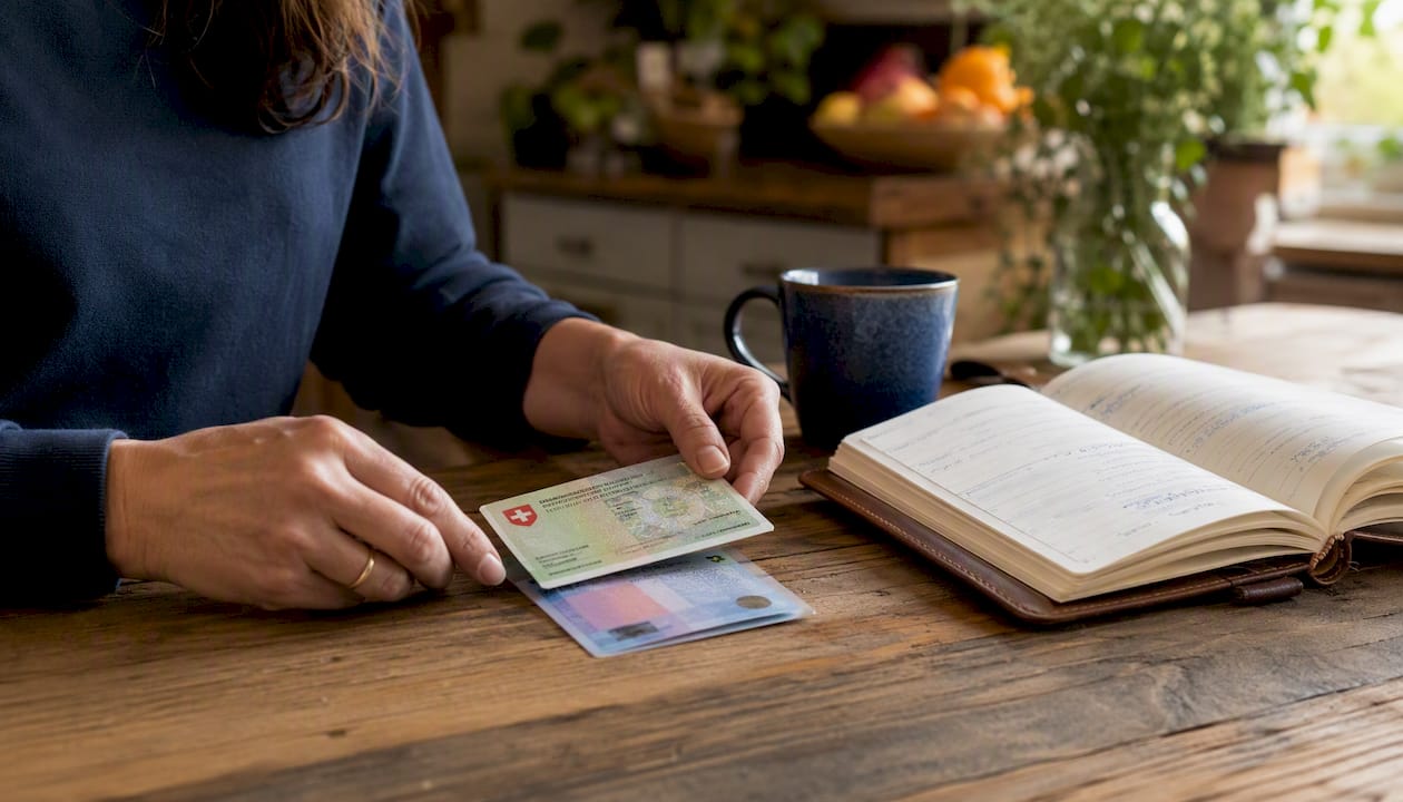 Hands holding Swiss residence and visa documents