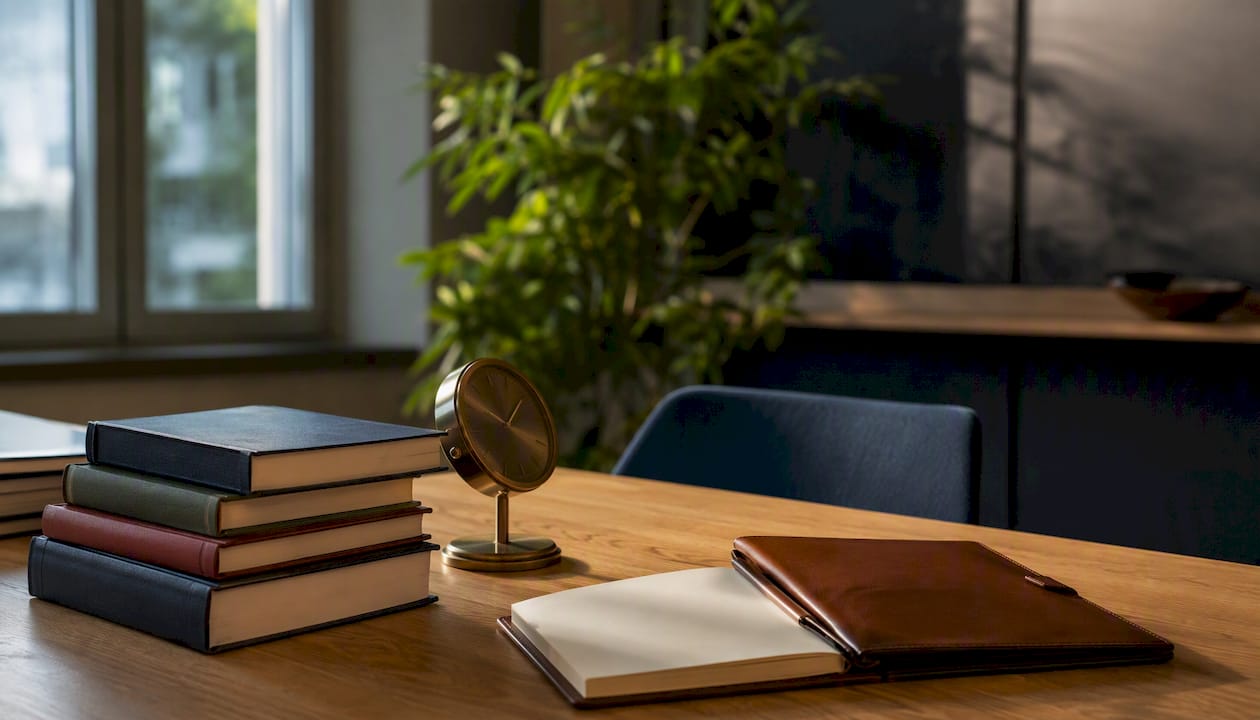 Swiss office desk with legal books and notebook