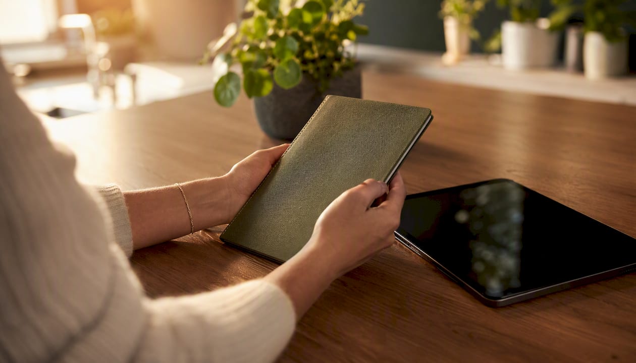 Hands with Swiss pension booklet and tablet