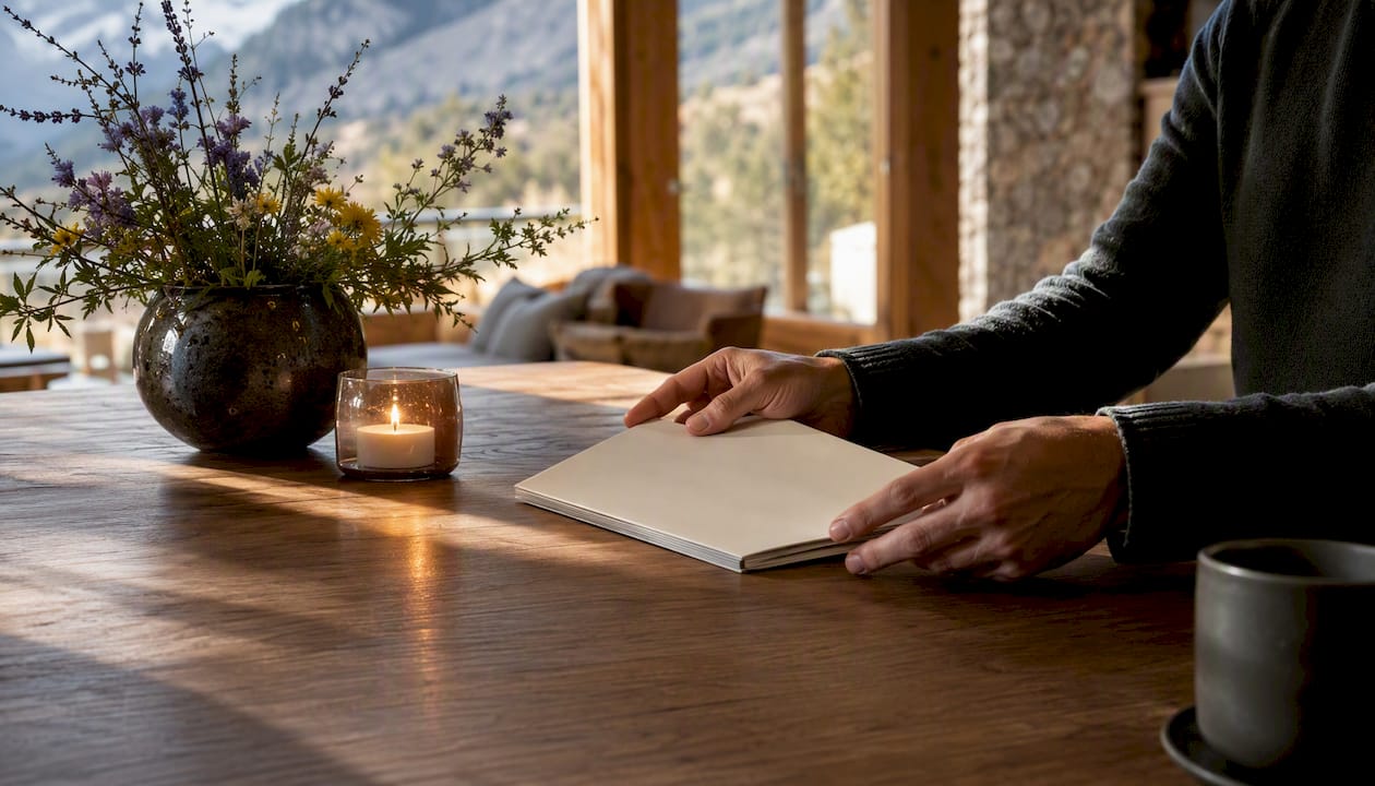 Hands placing family charter booklet on table