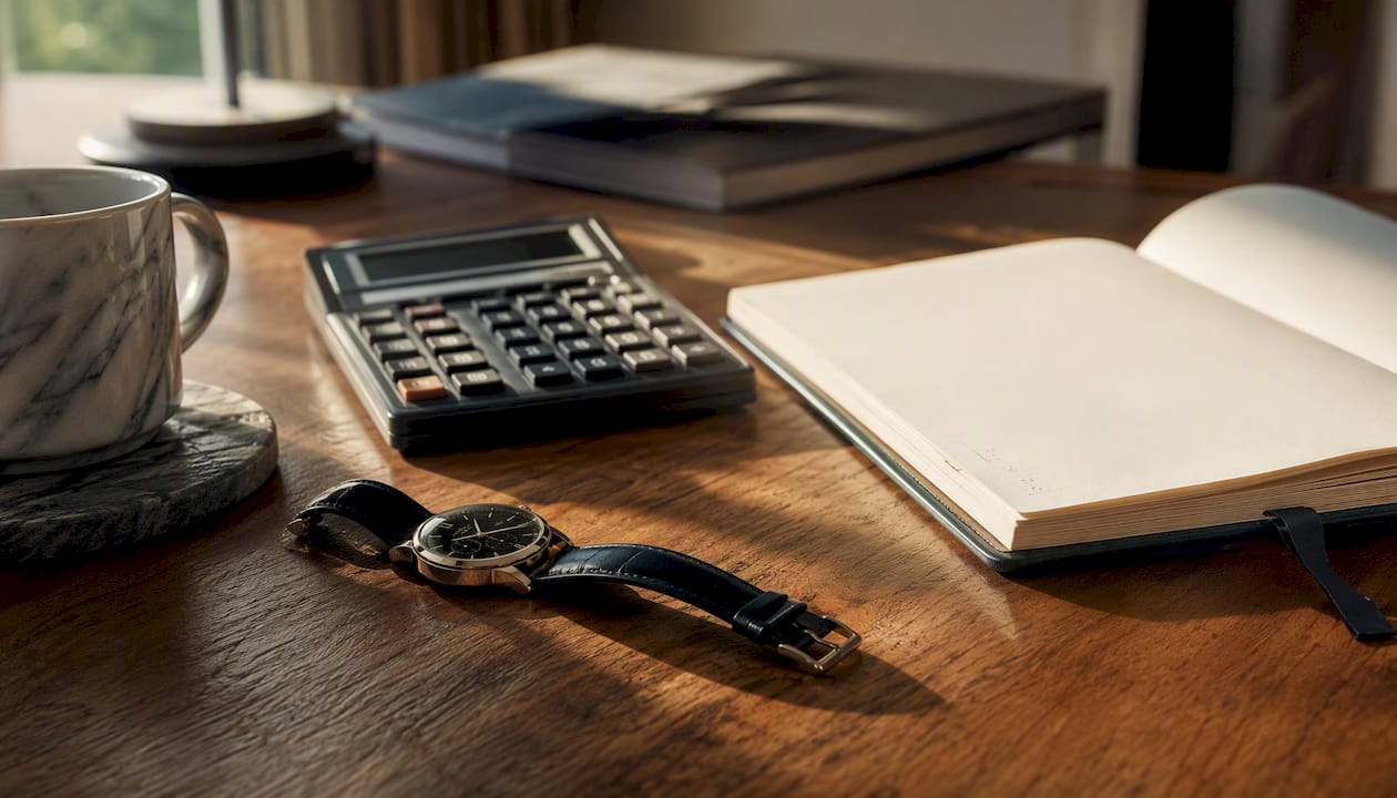 Investor desk with calculator, watch, and coffee cup