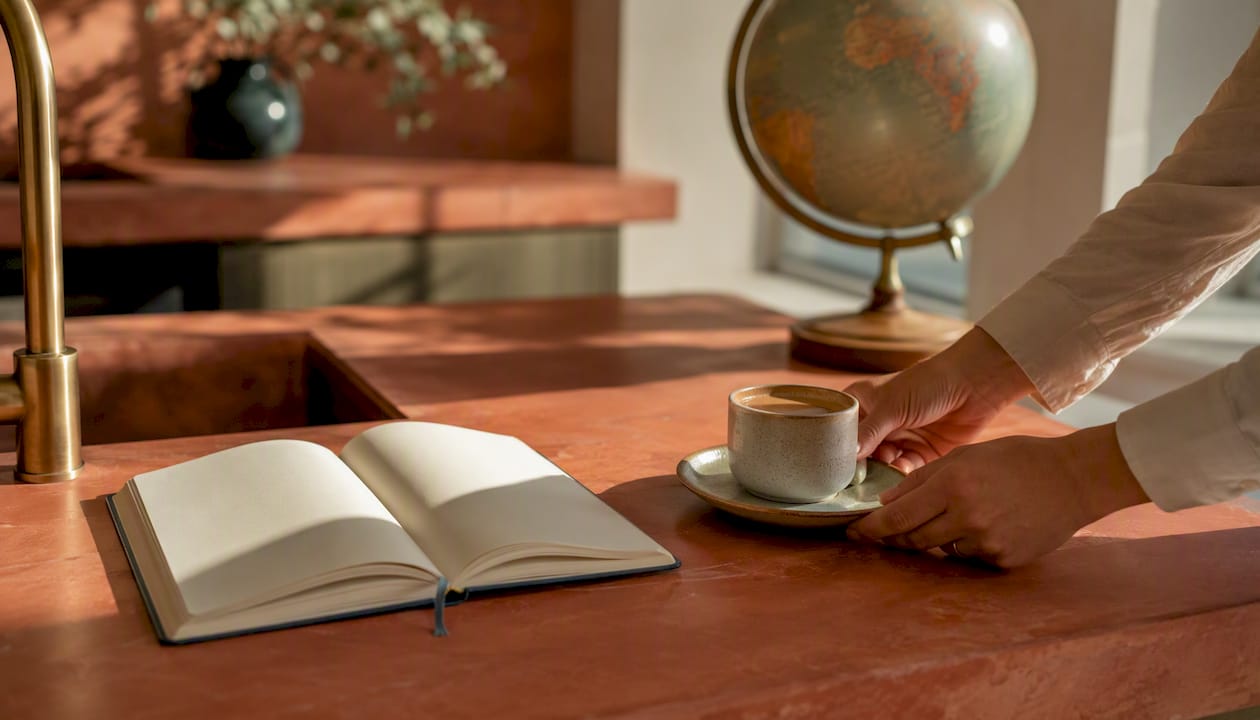 Travel planner and coffee cup on table