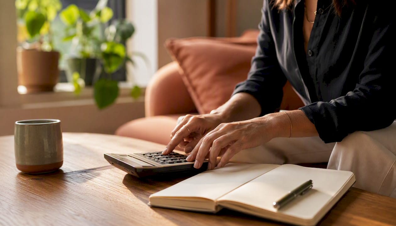 Hands adjusting calculator for plan implementation