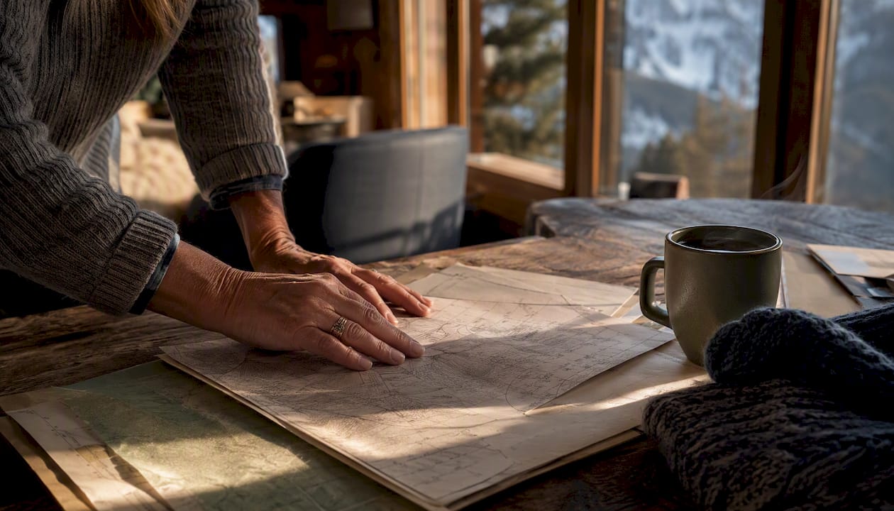 Hands examining legacy property plans in chalet