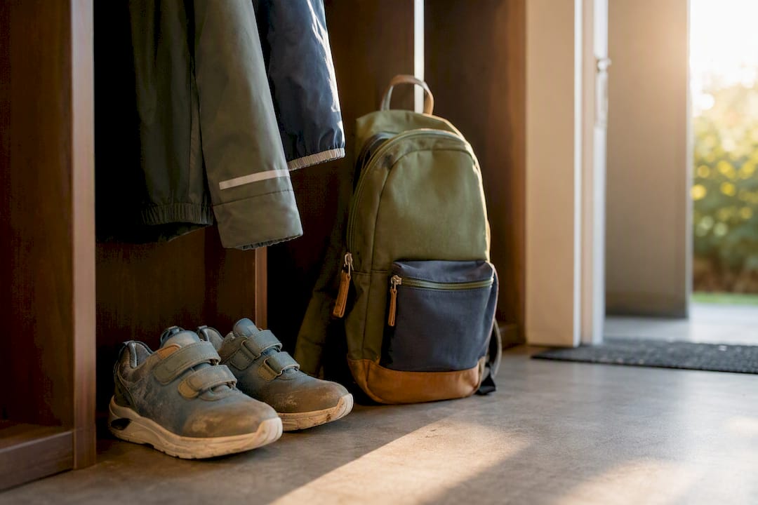 Children’s shoes and jacket at home entryway