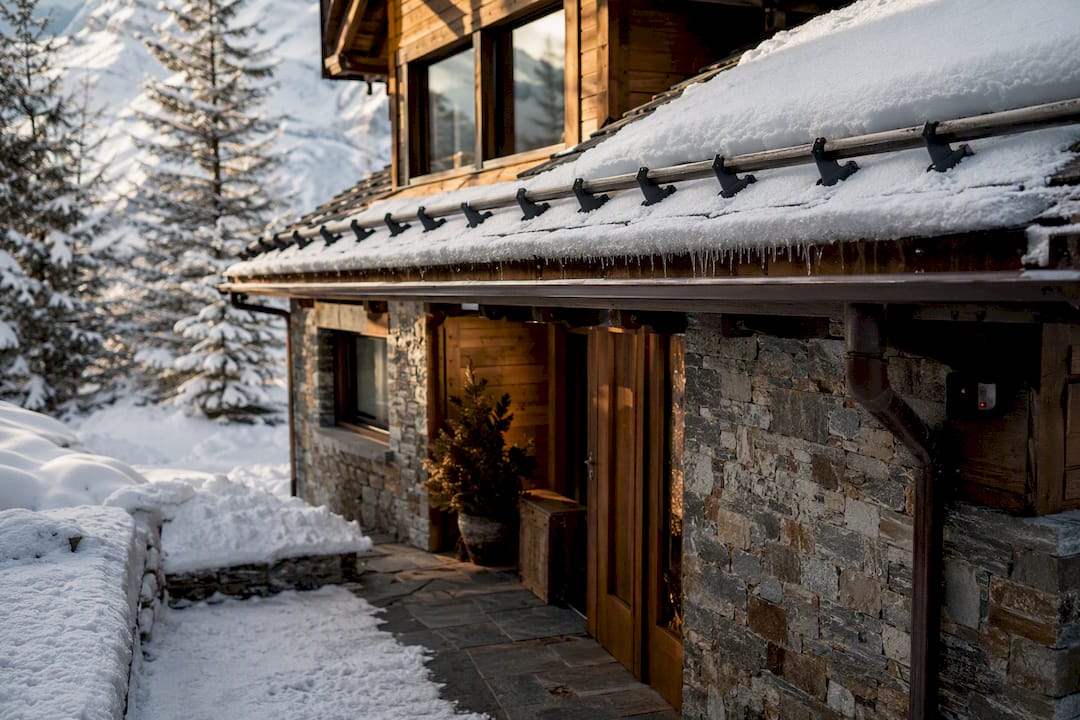 Chalet exterior with winter risk protection details
