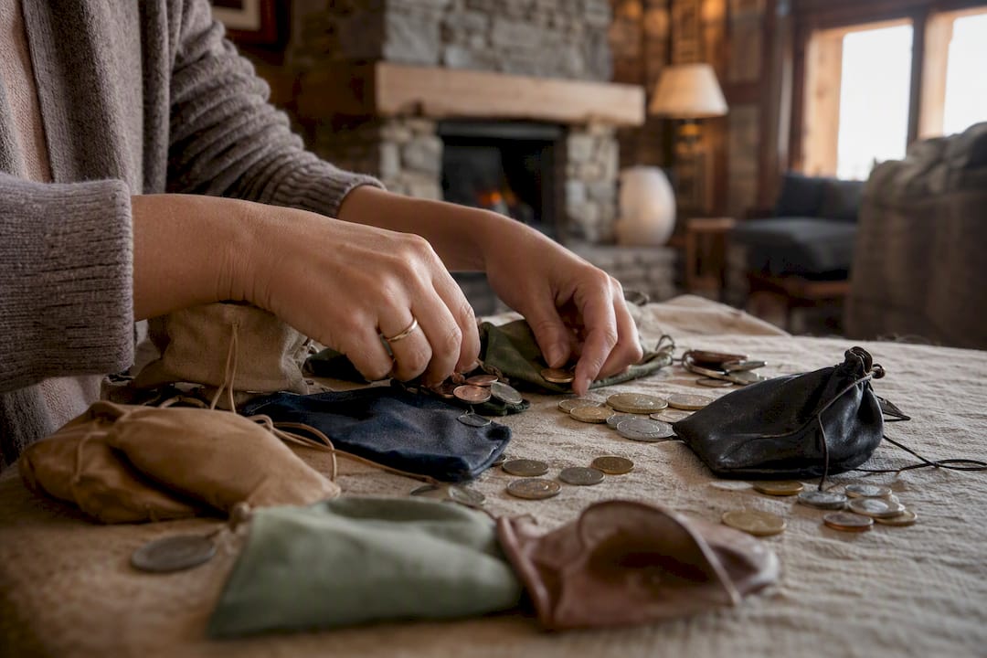 Hands sorting multi-currency pouches and coins