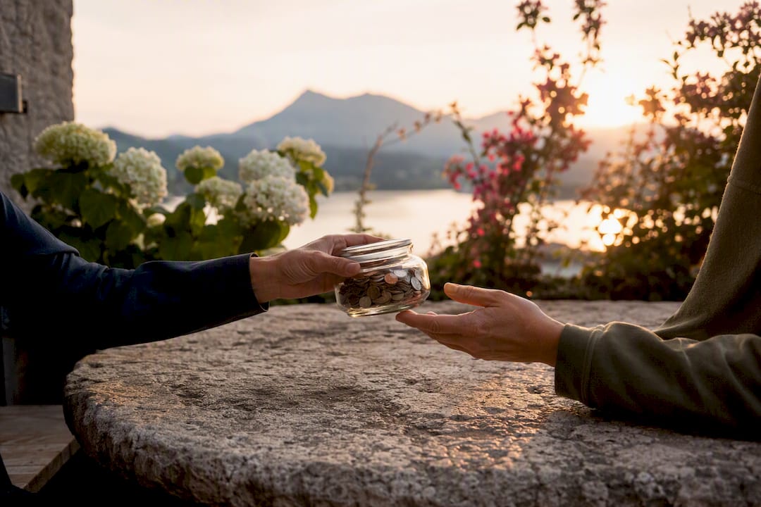 Hands exchanging jar of coins outdoors