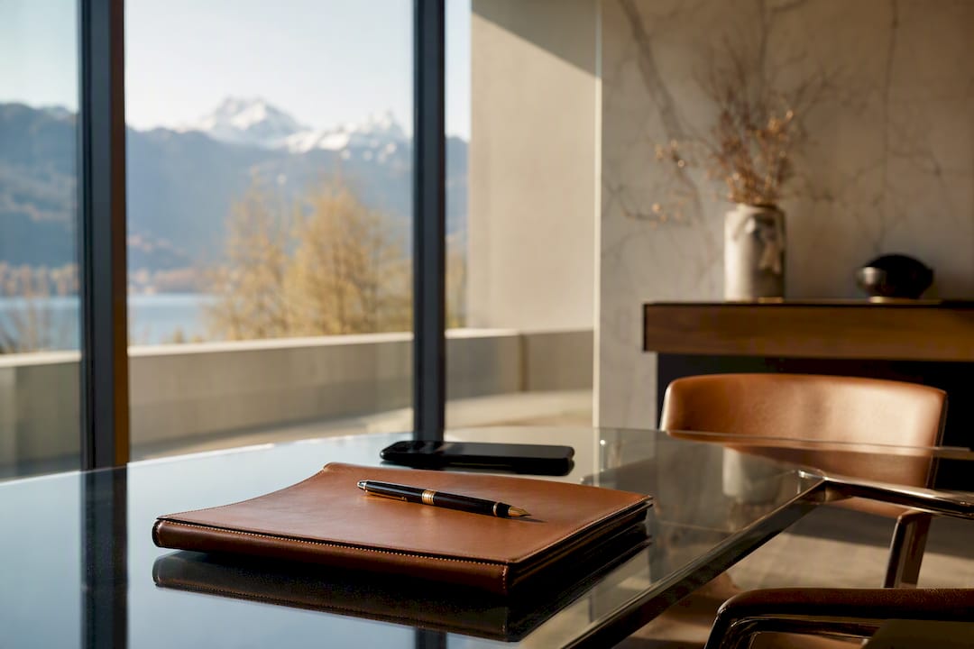 Elegant meeting space with notebook and pen