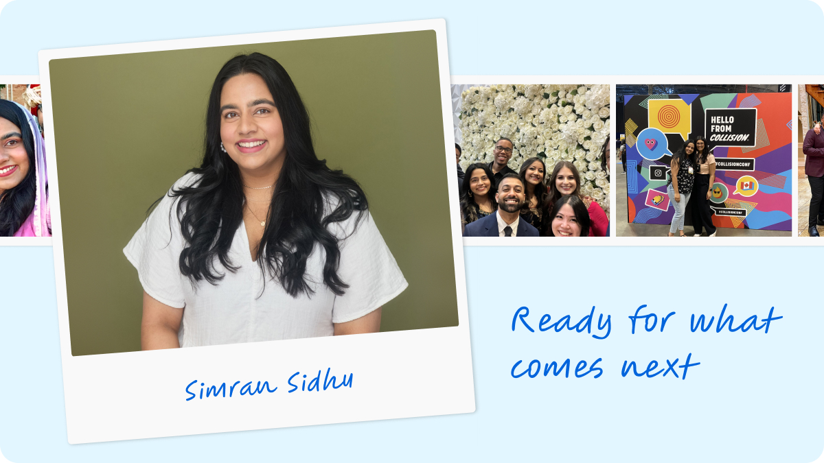 Portrait of Simran Sidhu next to the text "Ready for what comes next," set against a collage of past memories as she shares her solo estate planning journey.