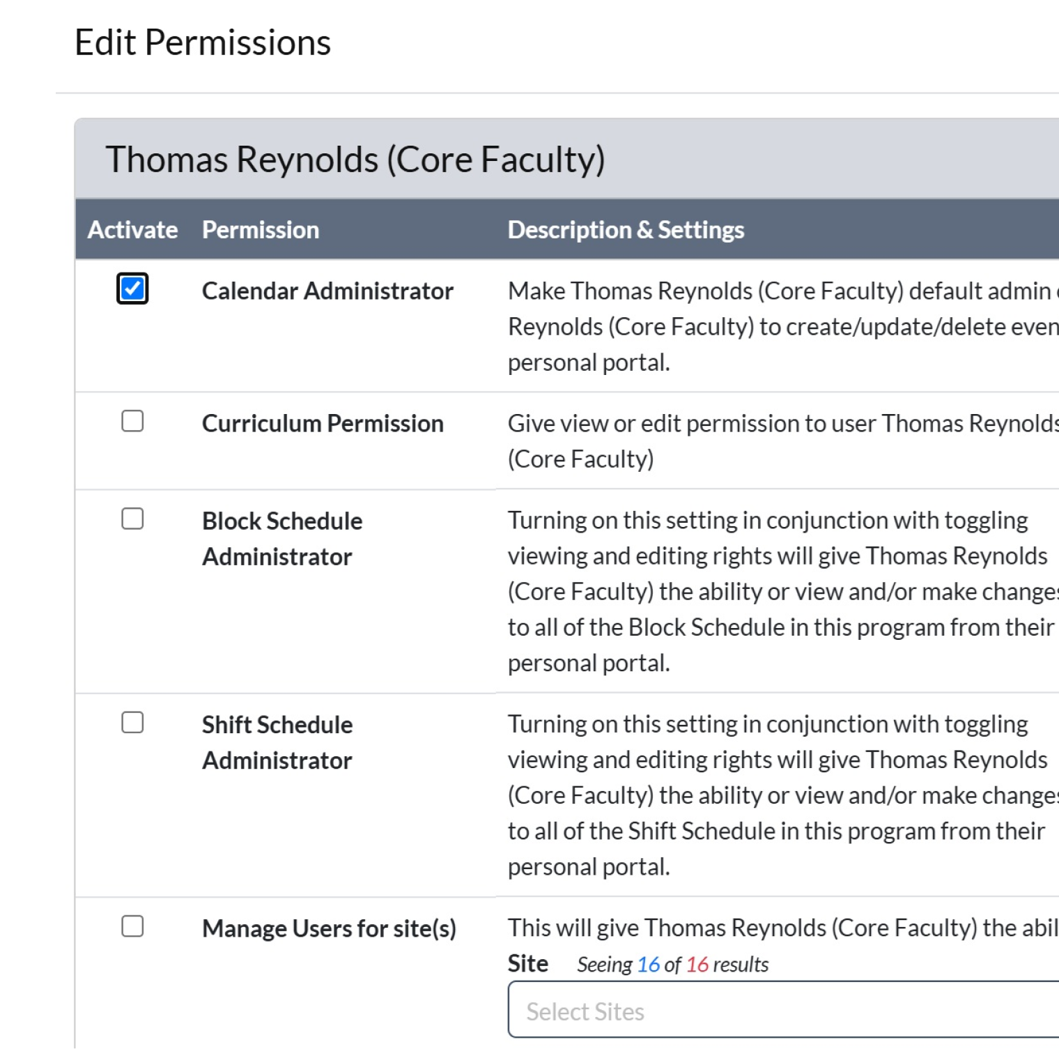 Calendar & Attendance screenshot showing user permission settings to manage scheduling and calendar administration.