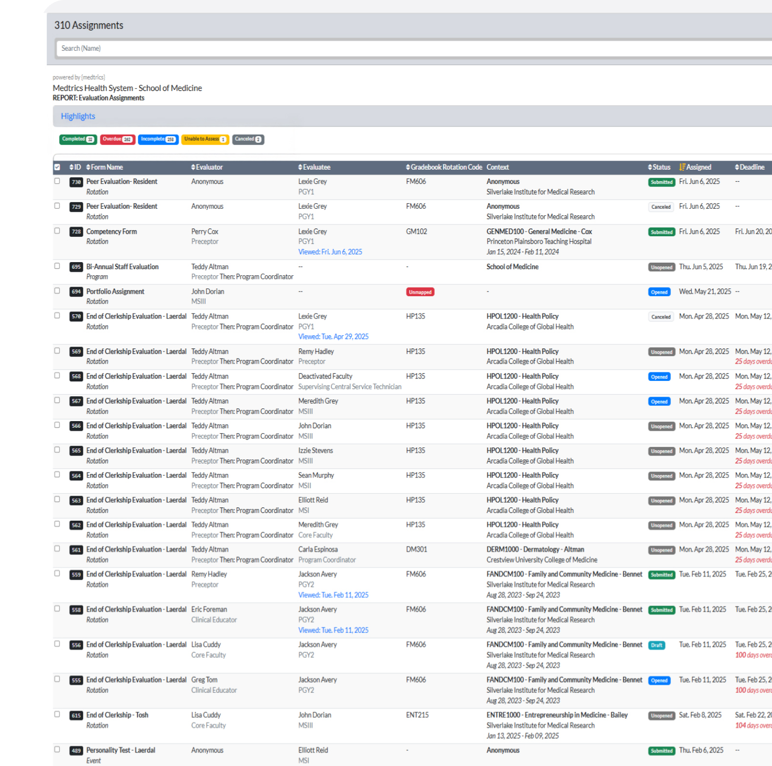 Evaluations & Assessments screenshot showing comprehensive evaluation records with filters, evaluators, and status indicators.