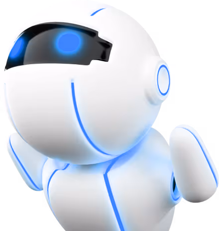 Белый робот с синими светящимися элементами и темным экраном вместо лица.