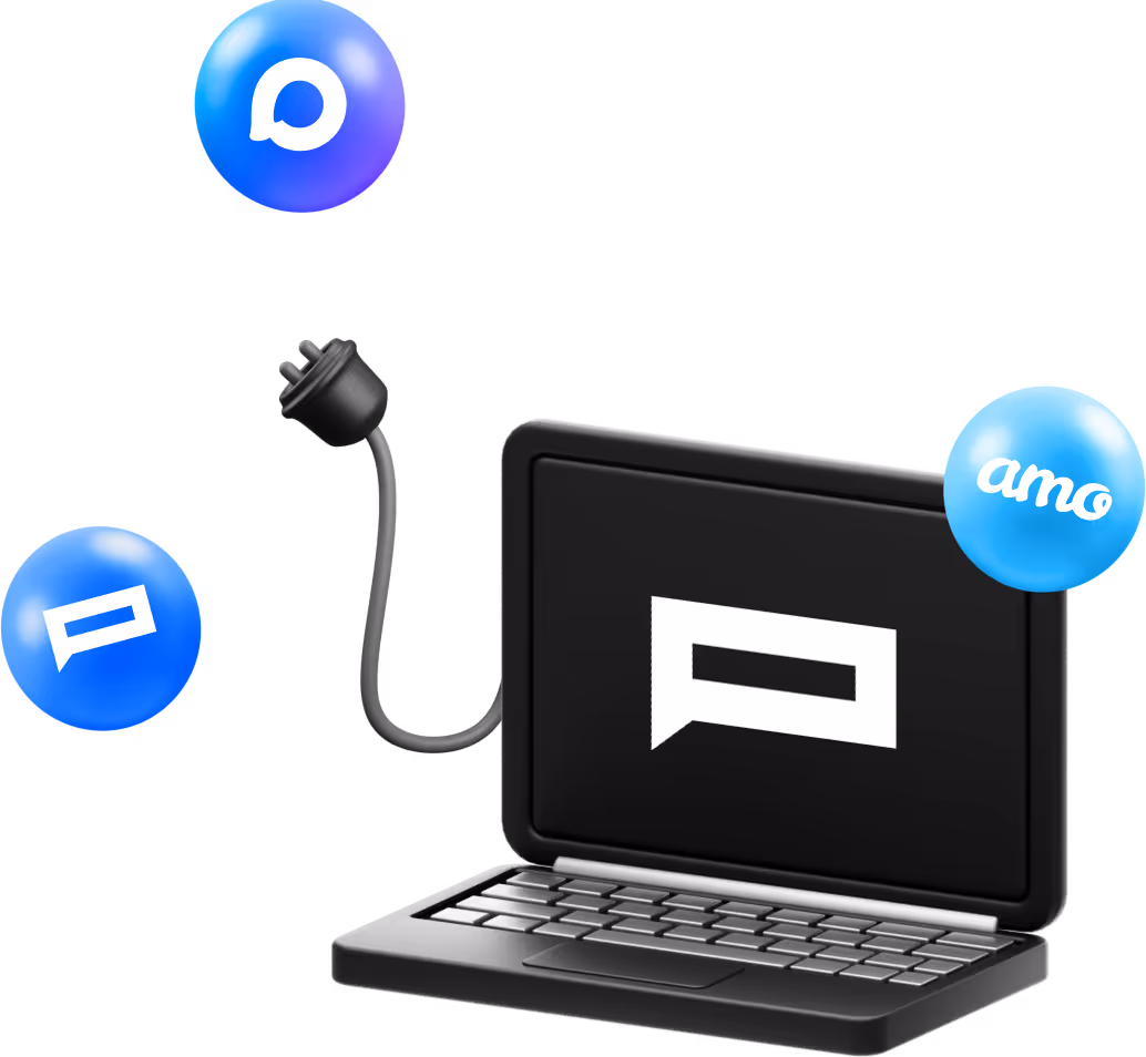 Черный открытый ноутбук с белым логотипом на экране и шнуром питания, окруженный голубыми круглыми иконками с логотипами.