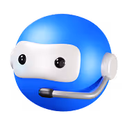 Синий круглый робот с большими глазками в белой маске и гарнитурой с микрофоном.