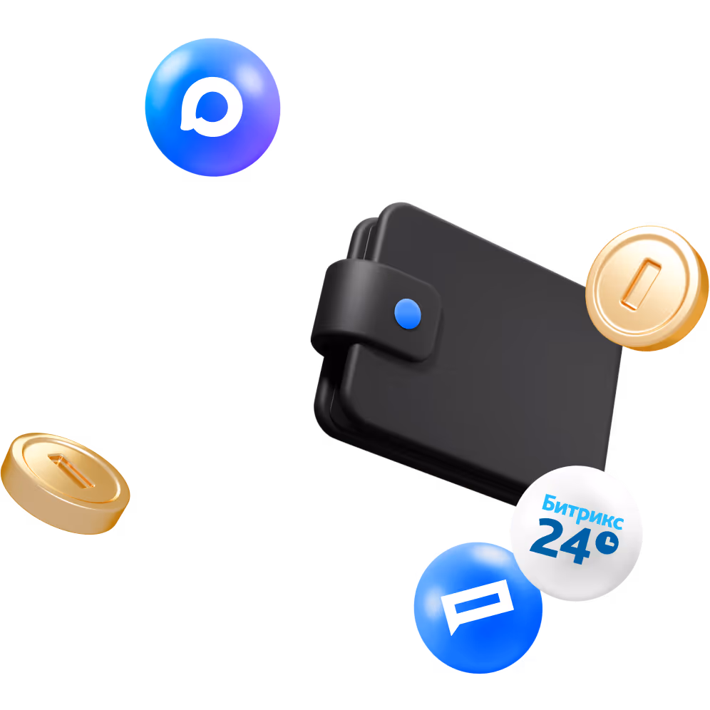 Черный кошелек с кнопкой рядом со значками и золотыми монетами.