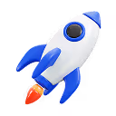 Белая и синяя ракета с воспламеняющимся красным пламенем на двигателе.