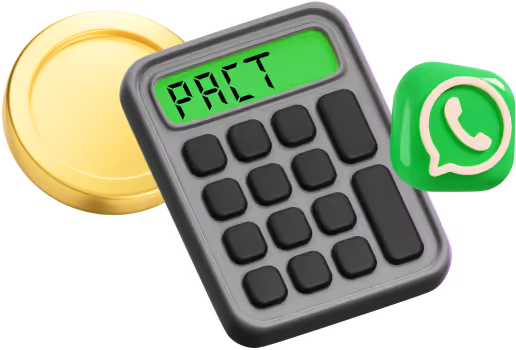 Калькулятор с надписью PACT, золотая монета и значок WhatsApp рядом.