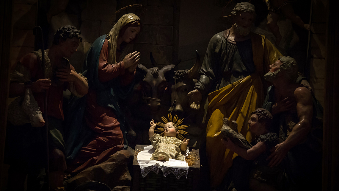 Photo shows a nativity scene, formed of statues