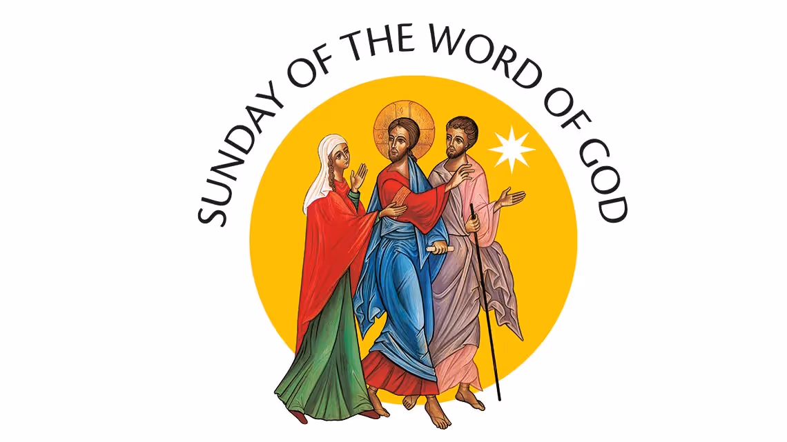Sunday of the Word of God. Image shows a drawing of two disciples, a man and a woman, walking along with Christ.