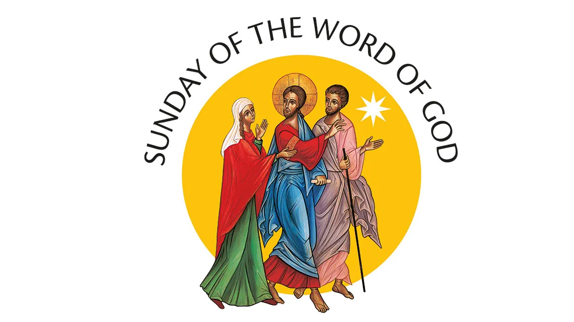 Sunday of the Word of God. Image shows a drawing of two disciples, a man and a woman, walking along with Christ.