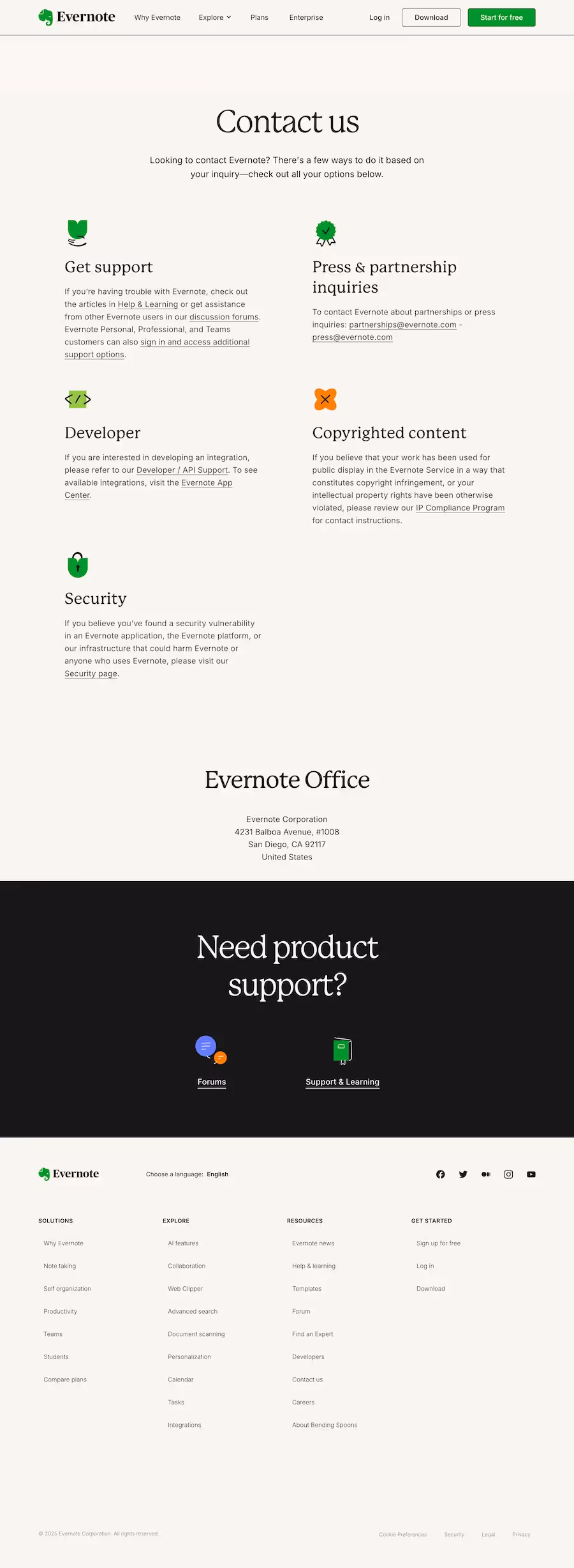 Evernote Contact Page