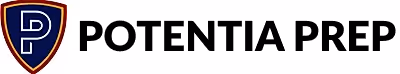 Potentia Prep logo with a stylized white letter P inside a blue and red shield, followed by the text POTENTIA PREP.