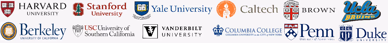 Logos and names of top U.S. universities including Harvard, Stanford, Yale, Caltech, Brown, UCLA, Berkeley, USC, Vanderbilt, Columbia College, University of Pennsylvania, and Duke University.