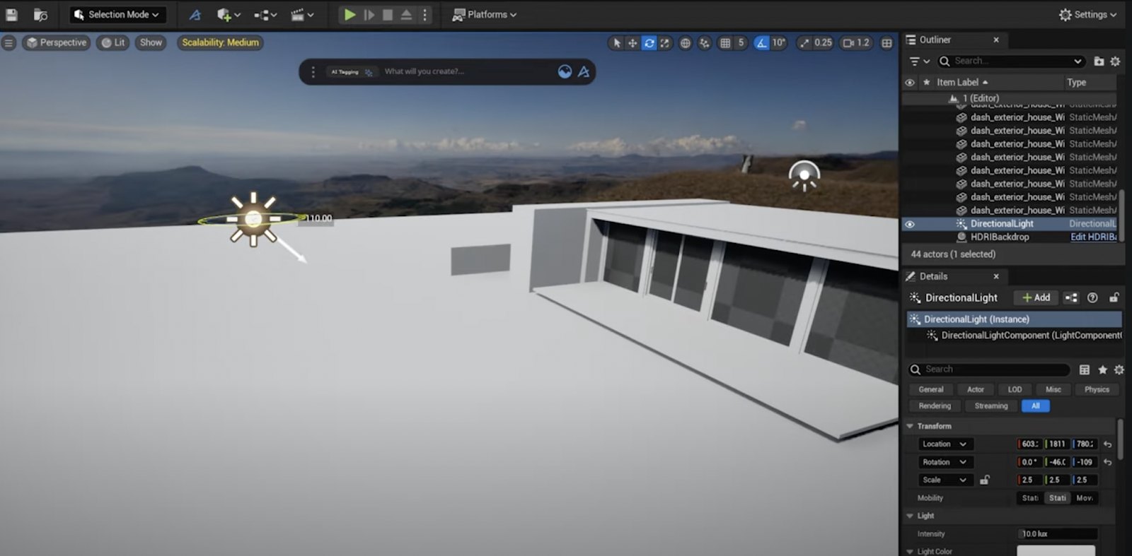 Selecting a directional light and setting its rotation to align with the sun. 