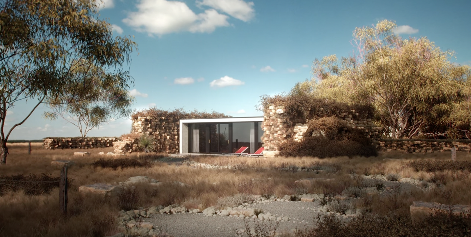 Final scene with vegetation, rock walls, glass, blue sky and trees. 