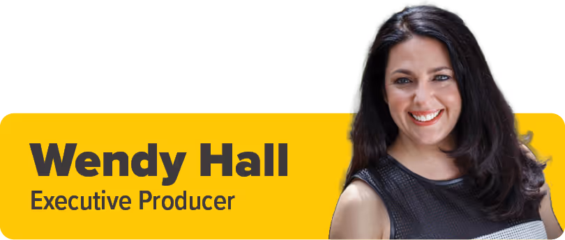 A yellow rectangle containing the text 'Wendy Hall Executive Producer' with an image of Hall to the right of the title.