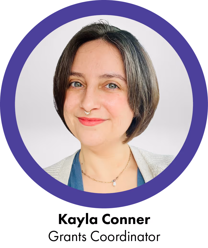 Kayla Conner, Grants Coordinator. A white woman with chin length brown hair pictured in a circle with a blurple border. 