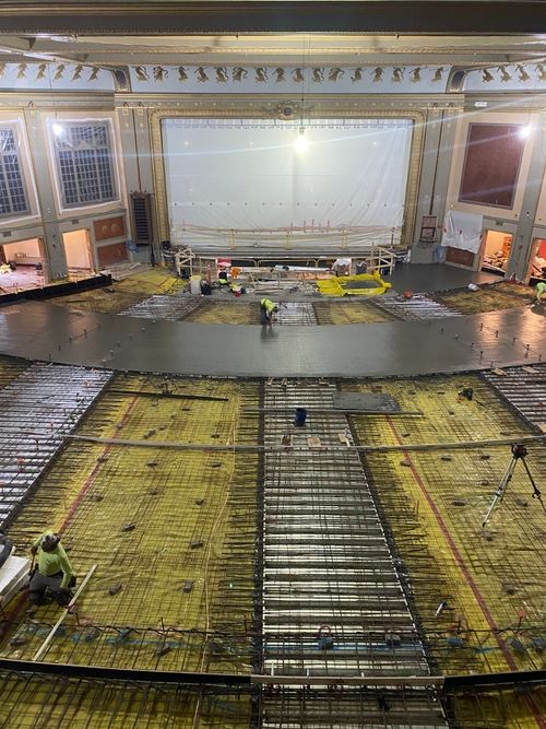 An ariel view of the Zeiterion theater's interior. The concrete floor is in process of being poured.