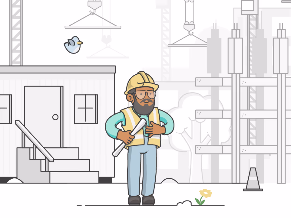 Illustration of man at construction site, in front of trailer