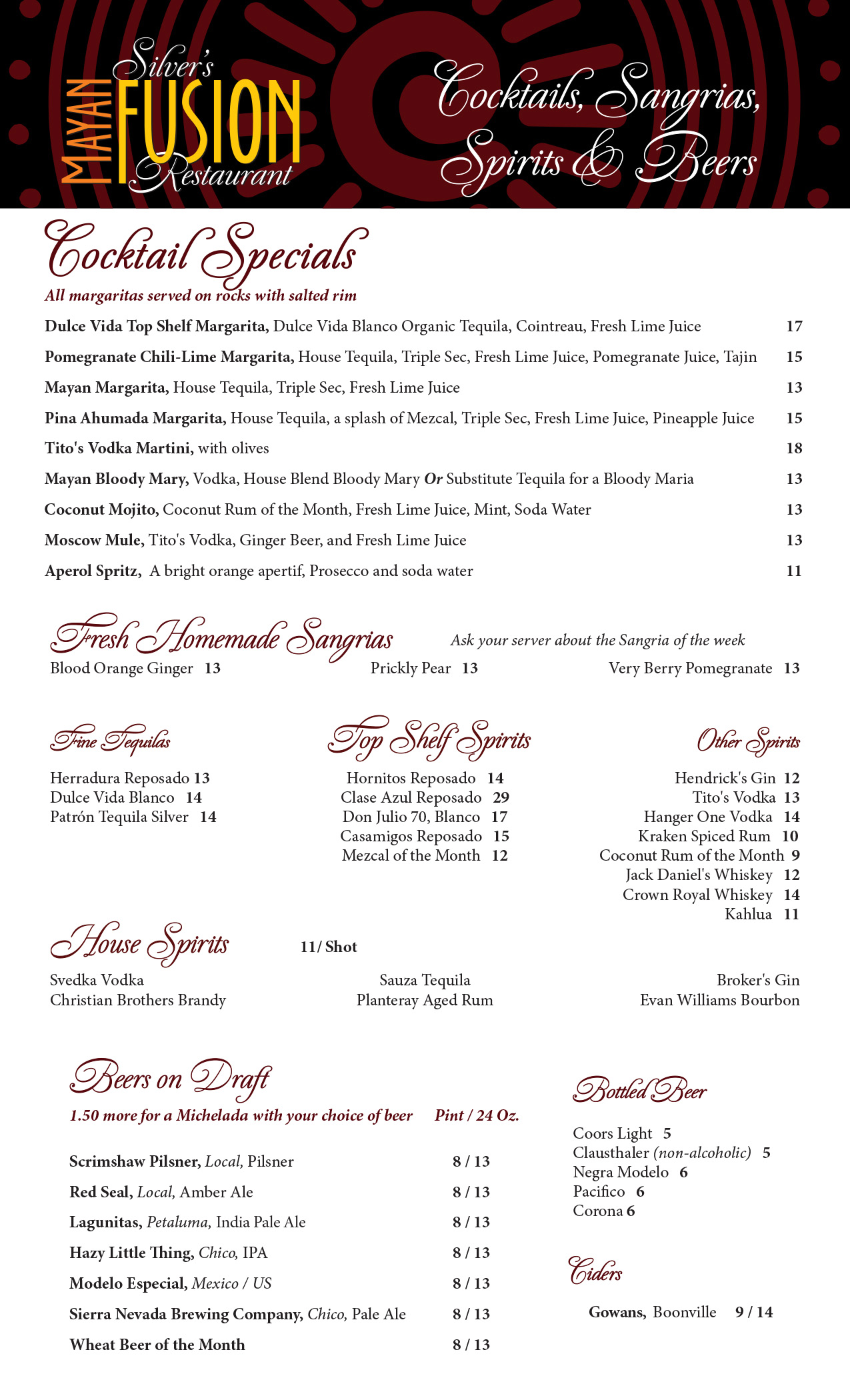 Drink Menu - Cocktails, Spirits, Beer