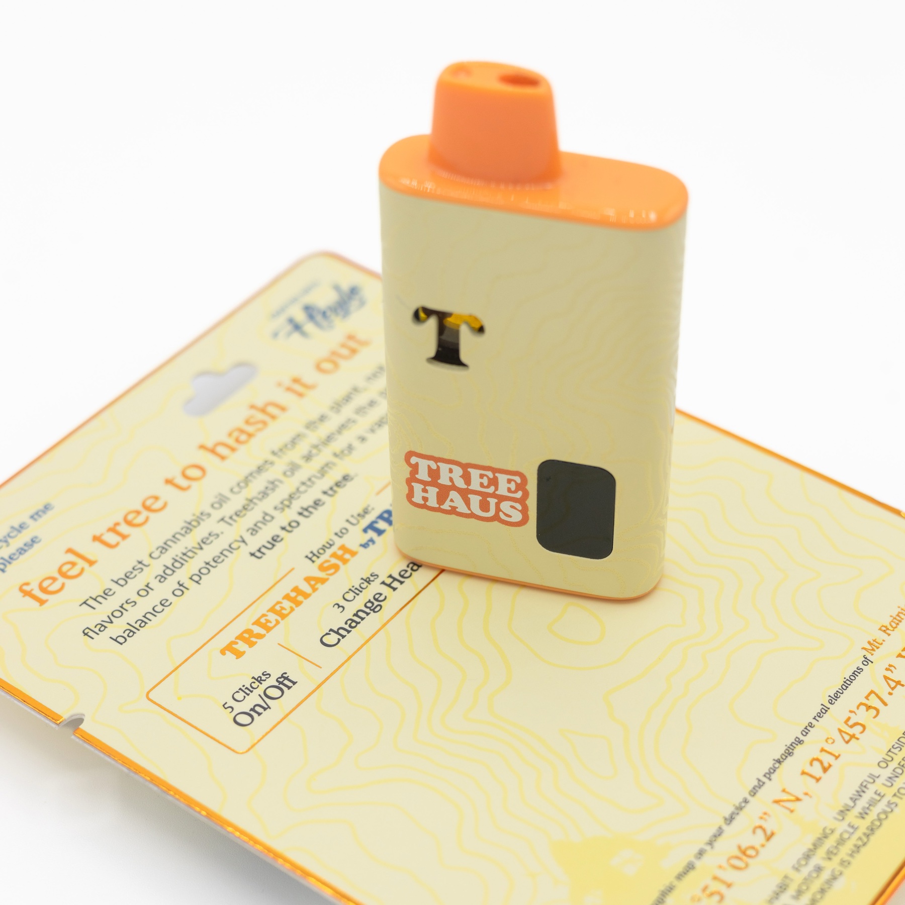 The TreeHash all-in-one standing on the back of its card, which prints the five, three and two click instructions