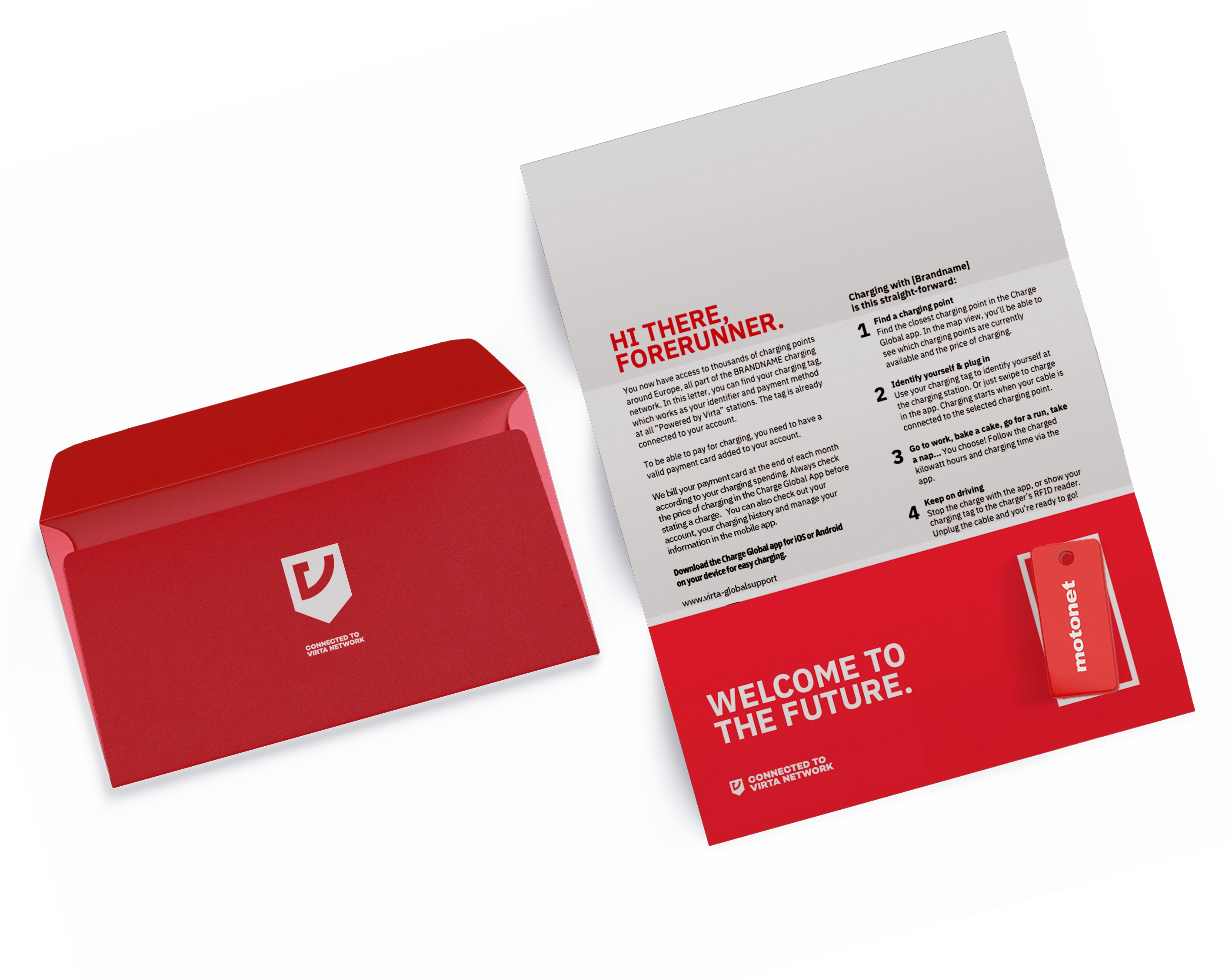 Red folder and insert with instructions for using a charging network, including a red key fob labeled 'motonet'.