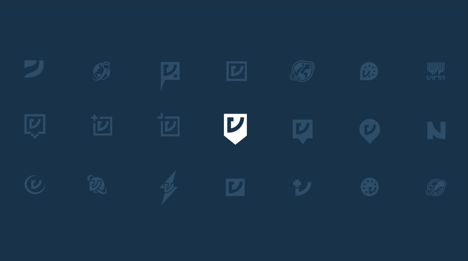 Grid of various dark blue abstract icons with one white shield-shaped icon featuring a stylized checkmark in the center.
