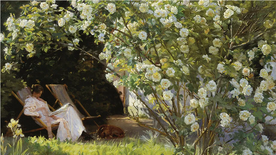 Roses. Marie Krøyer seated in the deckchair in the garden by Mrs Bendsen's house, painting by Krøyer