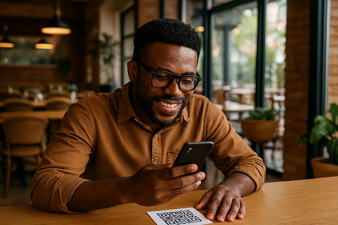 Homem com celular na mão apontando para QR Code de restaurante, possivelmente para acessar o cardápio digital.